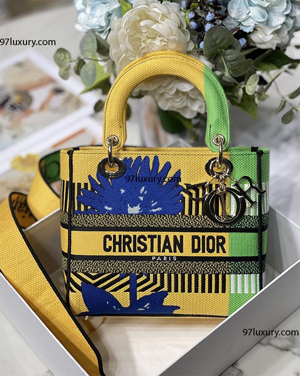 Dior Medium Lady D- Lite Bag Bright Yellow And Green D-Flower Pop Embroidery