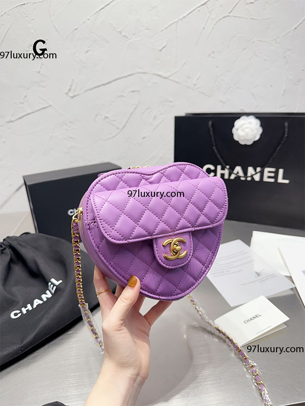 Túi Chanel Heart Bag da cừu trơn màu tím Cực Đẹp