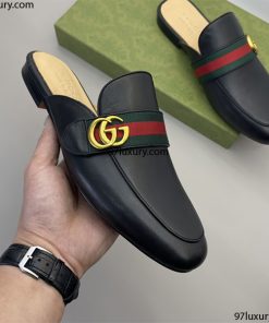 Sục da Gucci nam da bò đen trơn chi tiết vải sọc kèm logo GG vàng
